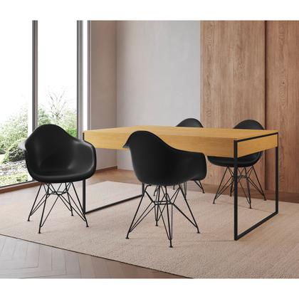 Imagem de Mesa Jantar Industrial Filadélfia Canela 137x90cm com 4 Poltronas Eames Eiffel Pretas Base Ferro Pre