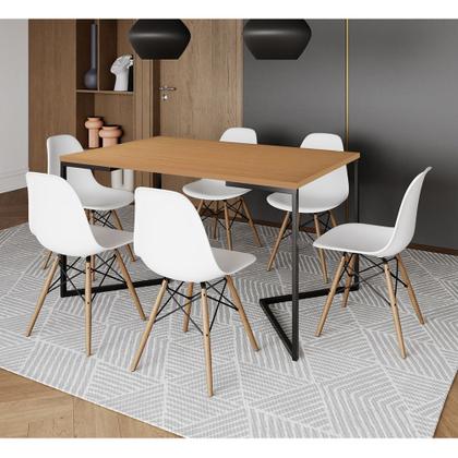 Imagem de Mesa Jantar Industrial Retangular Canela 137x90cm Base V Ferro Preto com 6 Cadeiras Branca Eames Mad