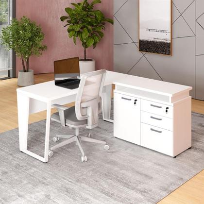 Imagem de Mesa L Escritório 1,5m Pé Metal Armário 3 Gavetas 1 Porta F5