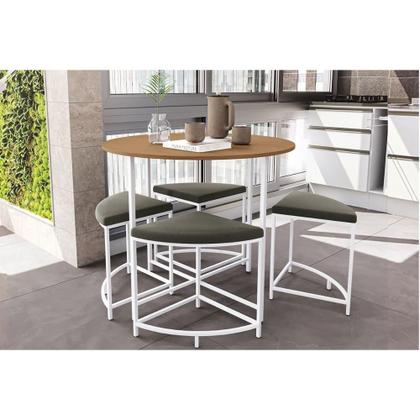 Imagem de Mesa p/ Cozinha LI038 c/ Tampo Madeirado 90 cm + 4 Banquetas Canela/Branco - Kappesberg