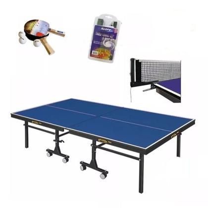 Imagem de MESA PING PONG COM RODAS E PAREDÃO MDF 25mm KLOPF 1008 + Rede Profissional Klopf 5034 + Kit raquetes e bolas klopf 5055