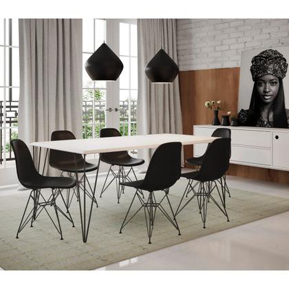 Imagem de Mesa Sala de Jantar Industrial Clips Branca 135x75 com 6 Cadeiras Eiffel Pretas de Ferro Preto