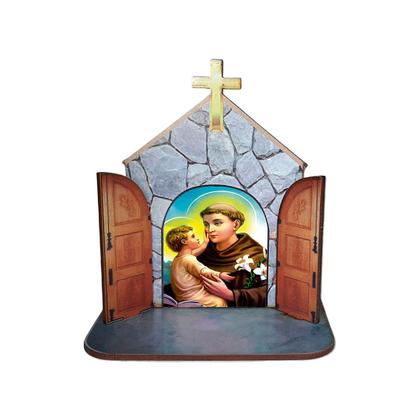 Imagem de Mini Capela Oratório Display Enfeite de Mesa Santo Antônio de Pádua 12cm Mdf Madeira