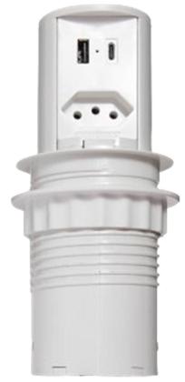 Imagem de Mini Torre Tomada 1NBR 2USB 20A  Cozinha  Branco Branca Totem Multiplug Extensão Antichoque Choque Retrátil Embutir Sobrepor em Mesa Bancada ou Móvel