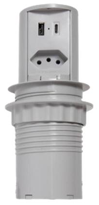 Imagem de Mini Torre Tomada 1NBR 2USB 20A  Cozinha  Cinza Totem Multiplug Extensão Antichoque Choque Retrátil Embutir Sobrepor em Mesa Bancada ou Móvel