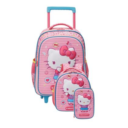 Imagem de Mochila Escolar Rodinhas + Lancheira + Estojo 100 Lápis Hello Kitty