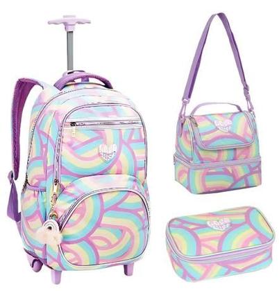 Imagem de Mochila Rodinhas Lancheira Estojo Rainbow Arco-iris