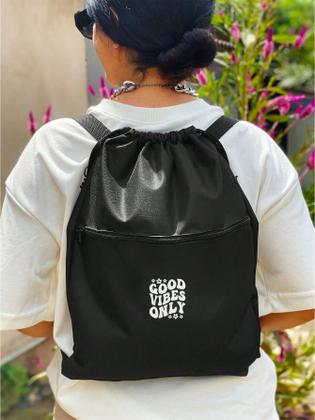 Imagem de Mochila Saco Nylon GOOD VIBES ONLY Academia Esportiva Gym Bag Fitness Unissex Cordão Preto Sack Outline Nylon Resistente Sacochila