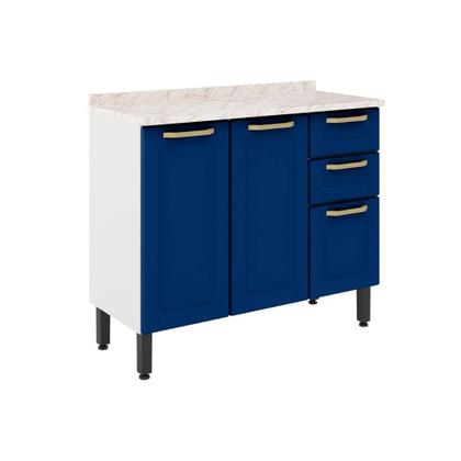 Imagem de Módulo Cozinha Bertolini Colors Balcão 6114 3 Portas e 2 Gavetas c/Tampo Branco/Blue Navy