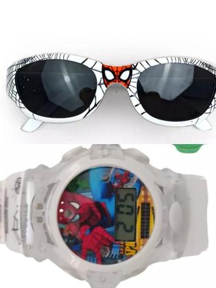 Imagem de Oculos e relogio musical com led branco e bone do homem aranha infantil masculino,novidade