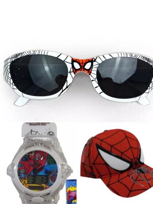 Imagem de Oculos e relogio musical com led branco e bone do homem aranha infantil masculino,novidade