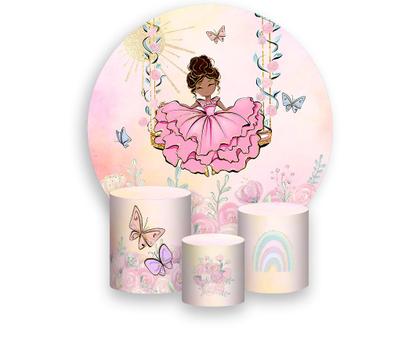 Imagem de Painel De Festa Redondo 1,50x1,50 + Trio De Capas Cilindro - Jardim Com Princesa no Balanço 025
