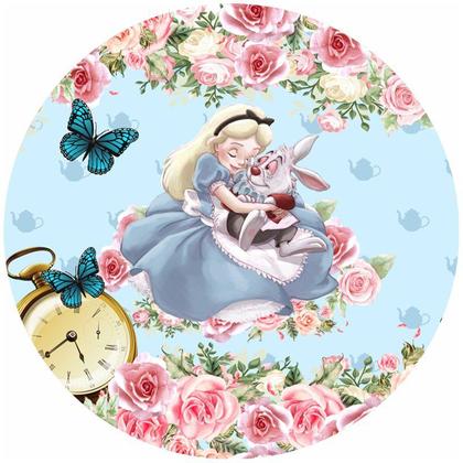 Imagem de Painel de Lona Redondo Alice no País das Maravilhas Borboletas e Relógios