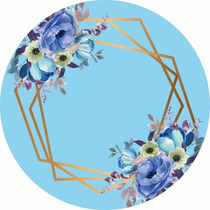 Imagem de Painel de Tecido Sublimado Redondo Flores Azul e Geometricos Dourados  c/ Elástico