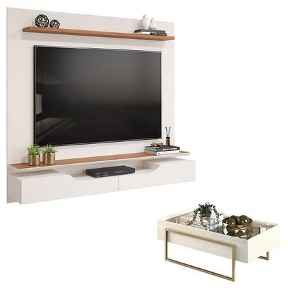 Imagem de Painel para Tv Levi Off White Freijó e Mesa de Centro Pilar Off White  DJ Móveis