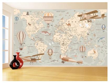 Imagem de Papel De Parede 3D Mapa Mundi Kids Avião Balão 3,5M Nmu93