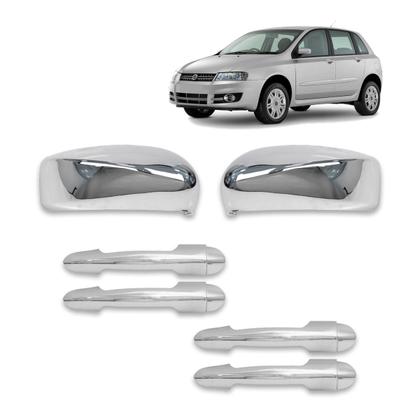 Imagem de Par Aplique Retrovisor + Jogo Aplique Maçaneta Kit Cromado Stilo 2003 a 2011 4 Portas