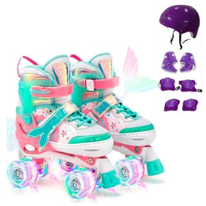 Imagem de Patins Infantil De 4 Rodas Roxo arco-iris Com Led Patins Menina Criança Com Proteção 