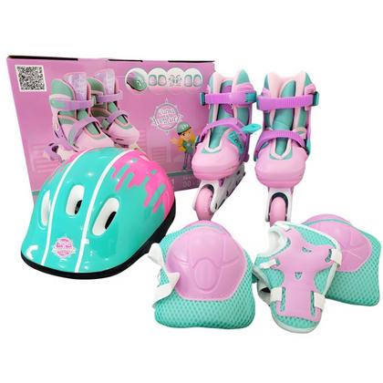 Imagem de Patins Infantil Rosa 4 Rodas Menina + Kit Proteção Unitoys