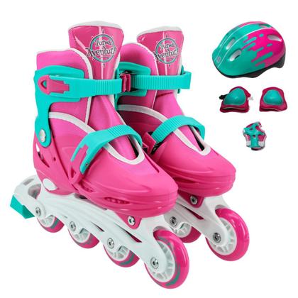 Imagem de Patins Inline Rosa Menina Ajustável 34-37  Kit de Proteção