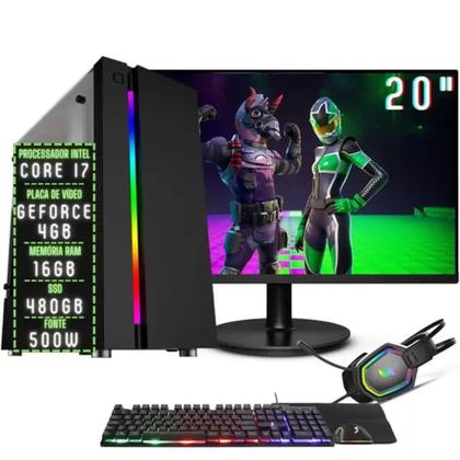 Imagem de PC Gamer Completo Intel Core i7 16GB RAM Placa de vídeo Geforce 4GB SSD 480GB Monitor 20 Fonte 500W