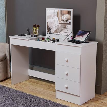 Imagem de Penteadeira Multifuncional Com Espelho e 3 Gavetas Escrivaninha Compacta Moderna