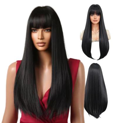 Imagem de Peruca Lisa Com Franja 60cm Orgânica Igual Cabelo Humano Preta