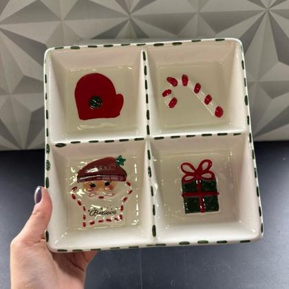 Imagem de Petisqueira de Natal de cerâmica com 4 divisórias para petiscos de cozinha mesa posta decoração vidro porcelana petisco