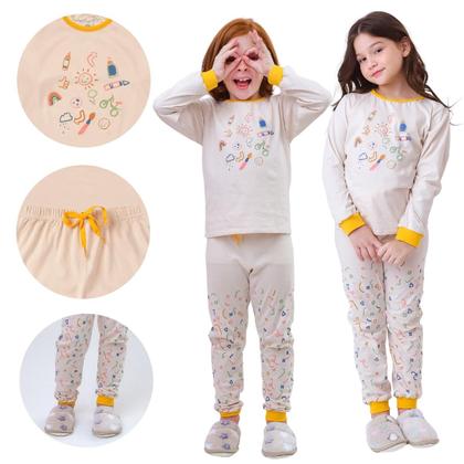 Imagem de Pijama infantil Unissex para Meninos ou Meninas, conjunto de roupas, manga comprida, 100% algodão, 2 peças, tamanho 1 a 10 anos