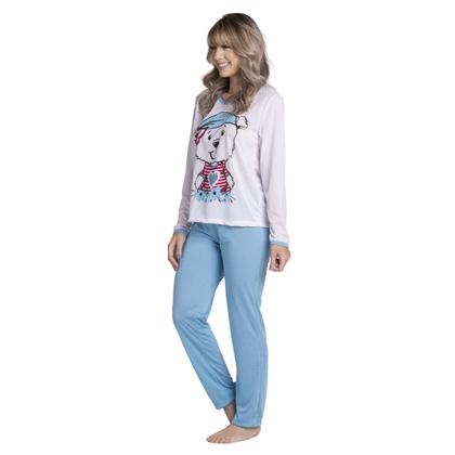 Imagem de Pijama Longo Malha Estampado Feminino Inverno Blusa e Calça
