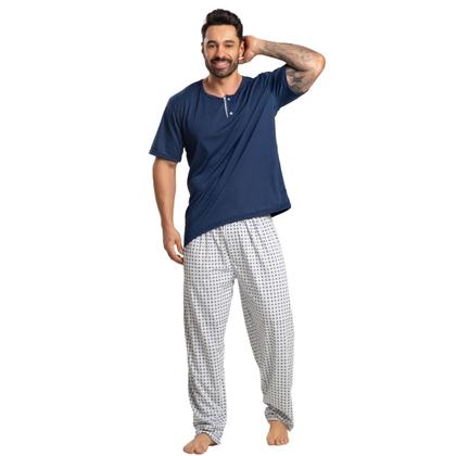Imagem de Pijama Masculino Com Bolso WLS Modas Manga Curta Calça Longa Roupa Para Dormir Frio Linha Noite