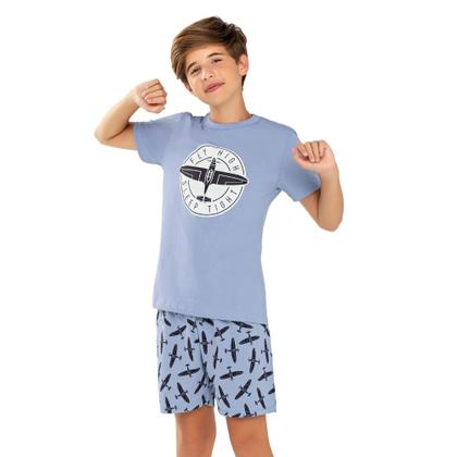 Imagem de Pijama Menino Juvenil And.Go Algodão Estampa Brilha no Escuro Avião Azul Claro
