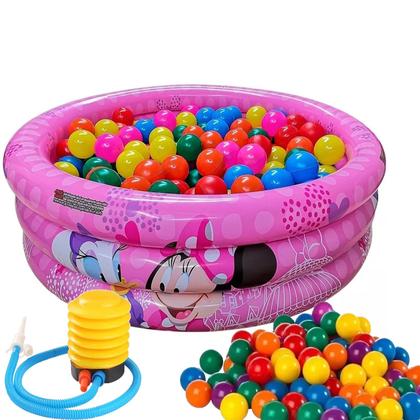 Imagem de Piscina Com Bolinhas Banheira Minnie Rosa Menina Menino Criança Bebe 100 Litros Inflador