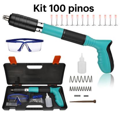 Imagem de Pistola De Fixação Kit 100 Pinos Finca Pino Drywal Gesso Fixação Com Acessórios