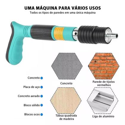Imagem de Pistola de Fixação Manual de Alta Pressão para Parede, Aço Resistente, Ajustável, Turquesa, com 50 Pregos