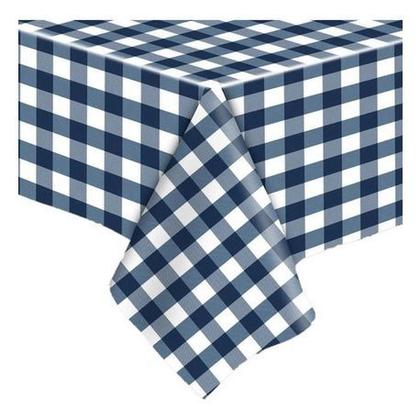 Imagem de Plástico Térmico Toalha De Mesa retangular impermeável pvc Xadrez Azul quadriculado 2,00 x 1,40 6 cadeiras