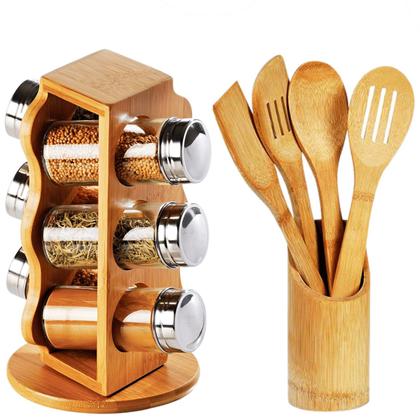 Imagem de Porta Condimentos Giratório 6 Potes e Kit Utensílios 5 pçs Em Bambu Welf