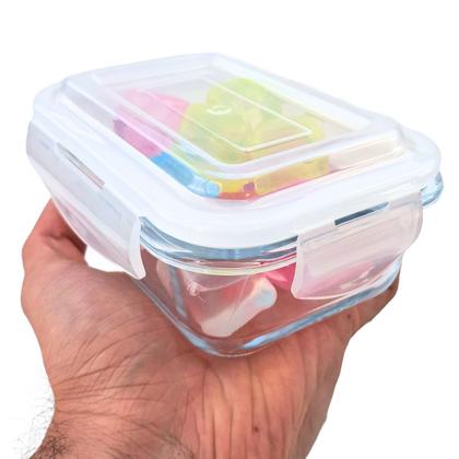 Imagem de Pote Marmita de Vidro Pequeno Quadrado Hermético Vedado Não Vaza c/ Tampa e Trava 370ml