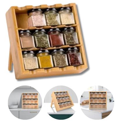 Imagem de Prateleira Especiairias Porta Condimento Tempero Bambu Articulável C/ 12 Potes Vidro Cozinha - Y888