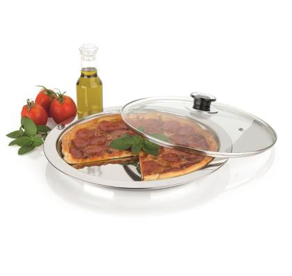 Imagem de Prato Para Servir Pizza Aço Inox Com Tampa De Vidro Multiuso Mesa Redondo Travessa Forma