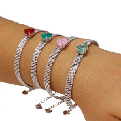 Imagem de Pulseira de malha com coração Folheado em Ródio Branco