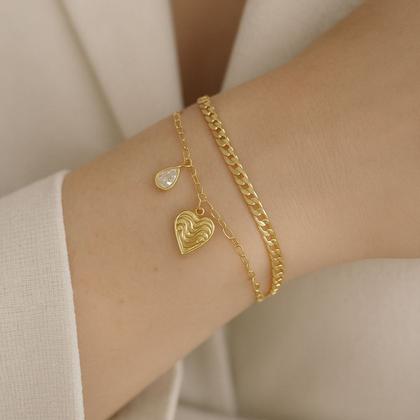 Imagem de Pulseira Dupla Coração Ondulado e Gotinha Banhada a Ouro