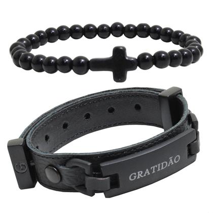 Imagem de Pulseira Kit 02 GRATIDÃO Preto Fecho Strap Plug Ajustável Cruz e Esferas
