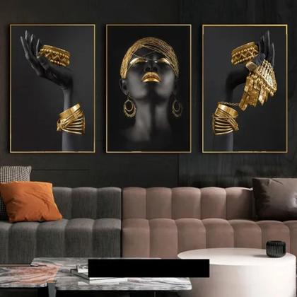 Imagem de Quadro Decorativo Mulher Africana Com Joias 3 Peças