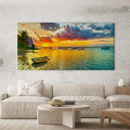 Imagem de Quadro Decorativo para Sala Quarto Hall Barcos Praia Paisagem   Horizontal Grande Decoração Parede Tela