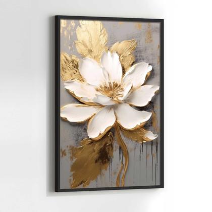 Imagem de Quadros Decorativos com com Moldura Flor Bege Dourada Pincel Vertical para Sala Quarto Decoração