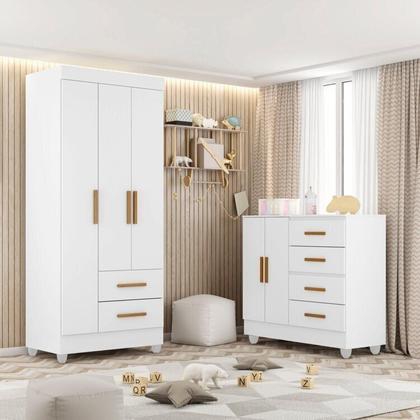 Imagem de Quarto Bebê Infantil com Guarda-roupa 3 Portas e 2 Gavetas com Cômoda 4 Gavetas e 2 Portas Lite