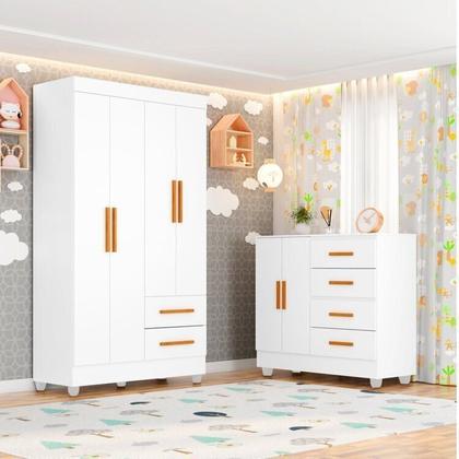 Imagem de Quarto Bebê Infantil com Guarda-roupa 4 Portas e 2 Gavetas com Cômoda 4 Gavetas e 2 Portas Lite
