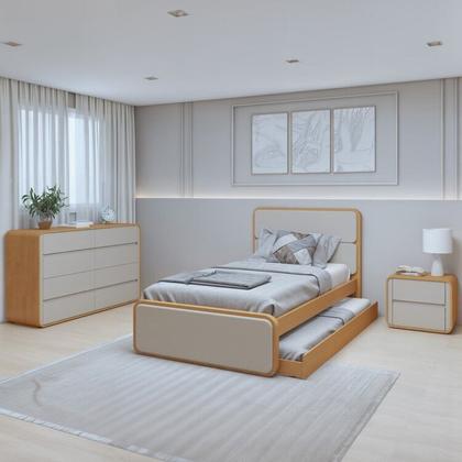 Imagem de Quarto Completo Cama Solteiro com Cômoda 8 Gavetas e Mesa de Cabeceira