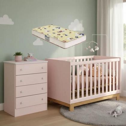 Imagem de Quarto De Bebê Berço Colchão E Cômoda Slim Padrão Americano Rosa Acetinado